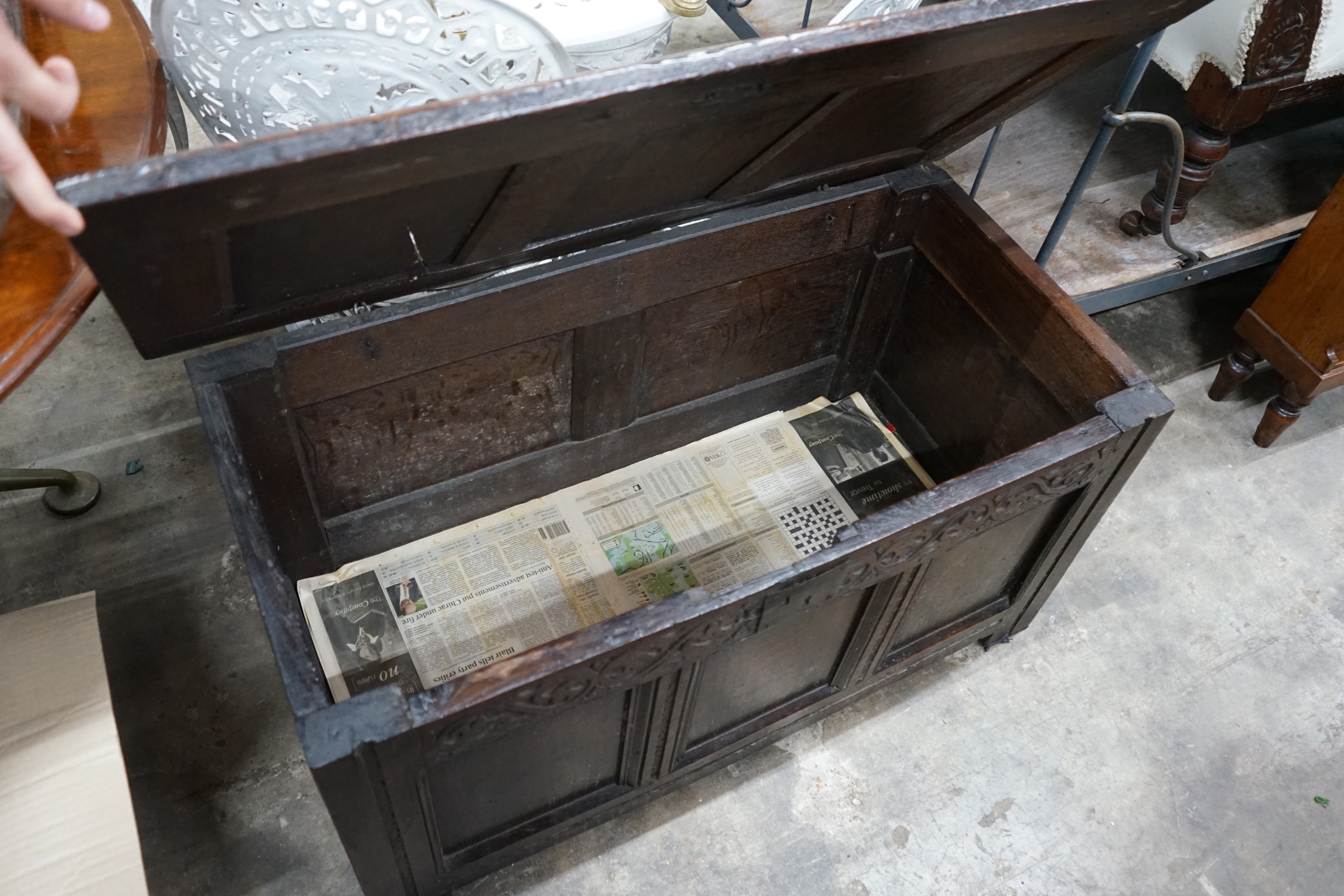 A late 17th century carved oak coffer, width 102cm depth 51cm height 50cm